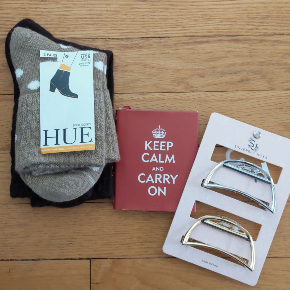 Stocking Stuffers: Boot socks, hair clips, gift book